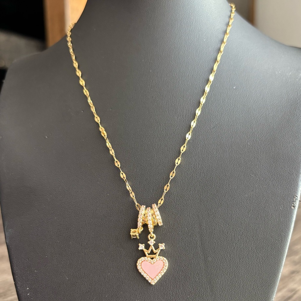 Gold Cubic Zirconia Crown Heart Pendant Necklace W/Pink Enamel Stainless Steel